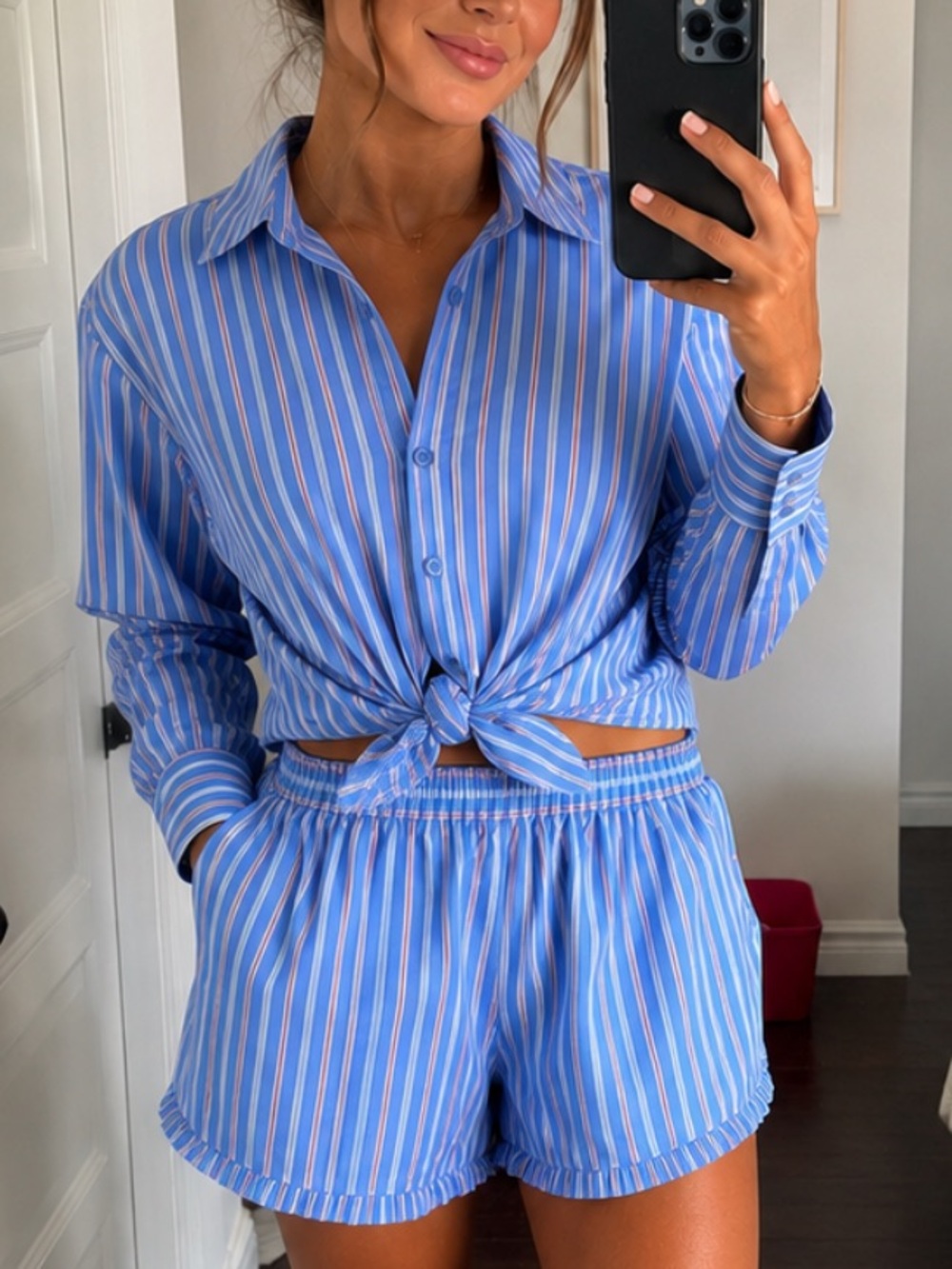 Free Assembly Women's Striped Shorts button down long sleeve matching set XL